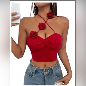 3D Flower Camisole Tops Floral Halter Backless Sleeveless small burgundy party